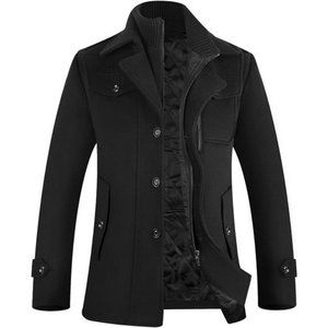 Men's Wool Pea Coat Single Breasted Jacket Black